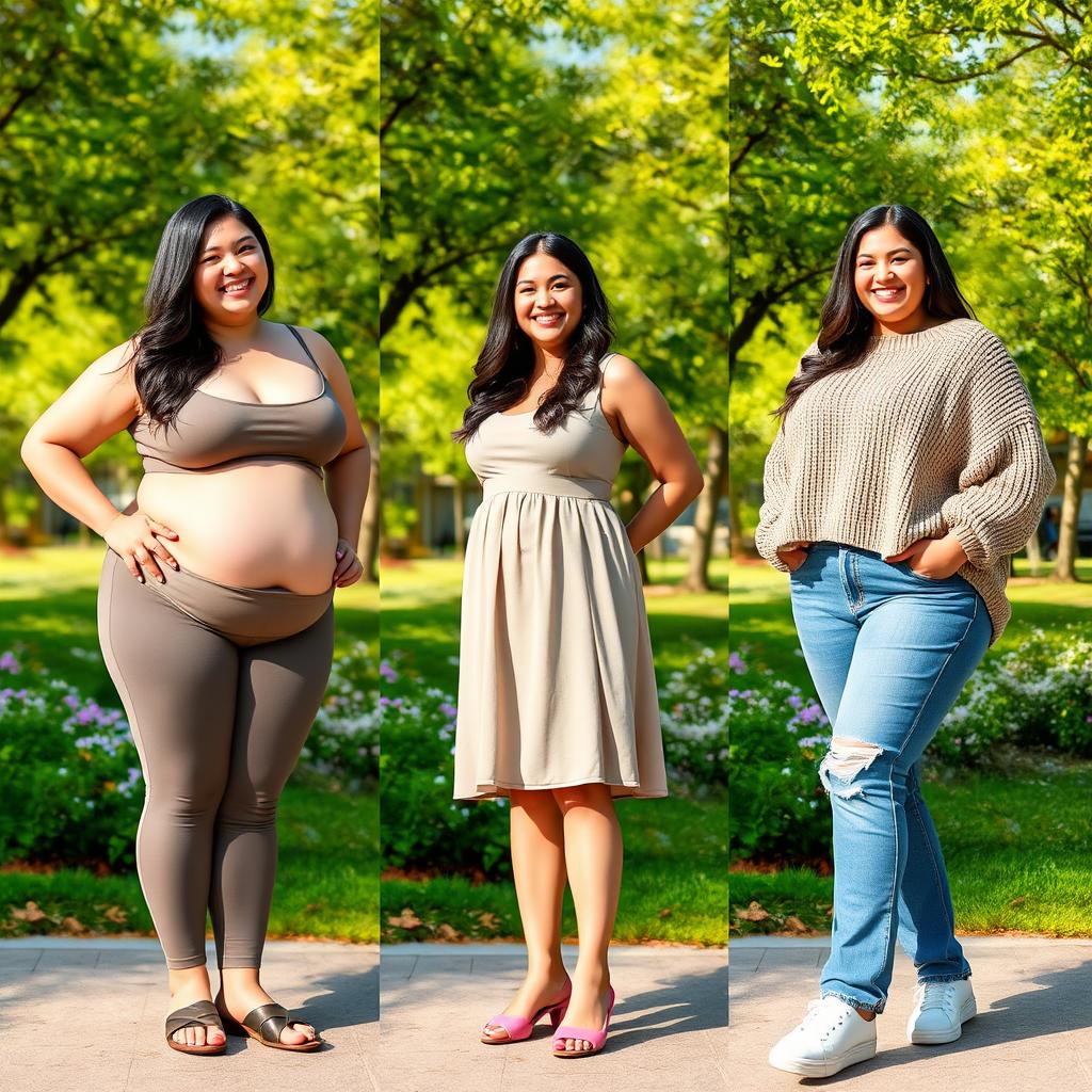 A visual representation of a chubby woman confidently embracing her body, showcasing a noticeable muffin top and small, flat-chested figure