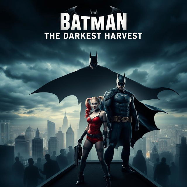 An action-packed movie poster for 'Batman: The Darkest Harvest', showcasing Gotham City under a dark, overcast sky with ominous clouds