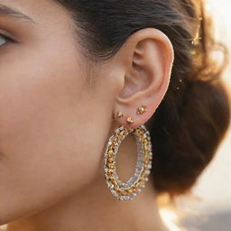 A close-up image of a stylishly pierced human ear adorned with a variety of contrasting metal earrings, reflecting in the golden light.