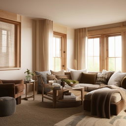 A cozy home design featuring warm tones, plush furniture, and a welcoming atmosphere.