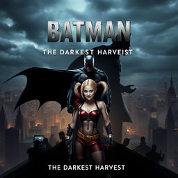 An action-packed movie poster for 'Batman: The Darkest Harvest', showcasing Gotham City under a dark, overcast sky with ominous clouds