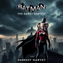 An action-packed movie poster for 'Batman: The Darkest Harvest', showcasing Gotham City under a dark, overcast sky with ominous clouds