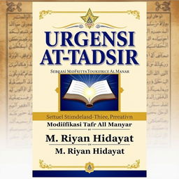 A visually striking book cover design for 'Urgensi At-Tafsir Al-Madrasi sebagai Modifikasi Tafsir Al-Manar' by M