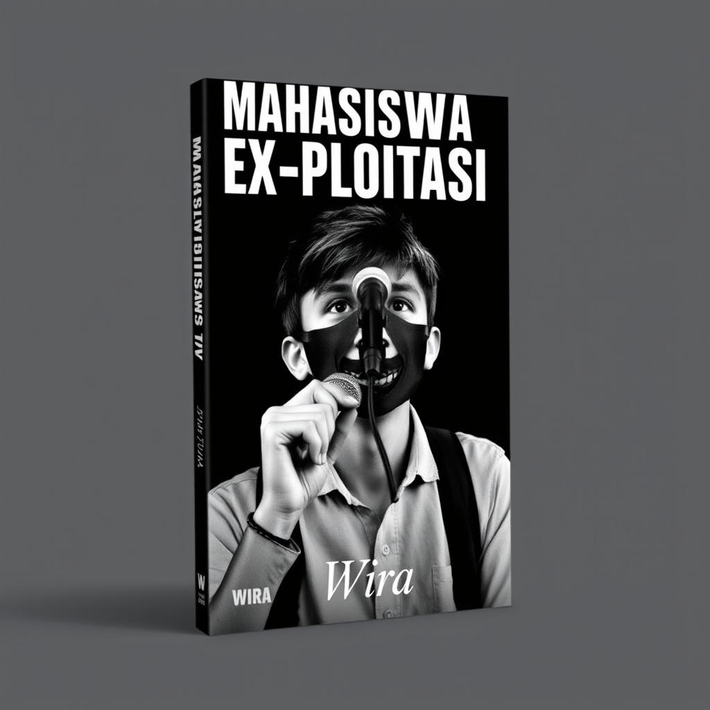 A compelling book cover design for 'Mahasiswa Ex-Ploitasi' by Wira, featuring a dramatic black and white background that conveys a sense of intensity