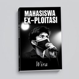 A compelling book cover design for 'Mahasiswa Ex-Ploitasi' by Wira, featuring a dramatic black and white background that conveys a sense of intensity