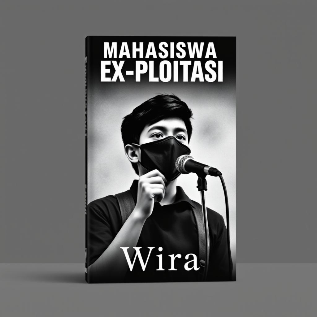 A compelling book cover design for 'Mahasiswa Ex-Ploitasi' by Wira, featuring a dramatic black and white background that conveys a sense of intensity