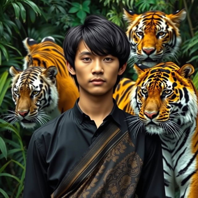 A handsome young man from Indonesia with a prominent nose and shoulder-length black hair