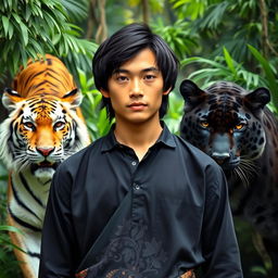 A handsome young man from Indonesia with a prominent nose and shoulder-length black hair