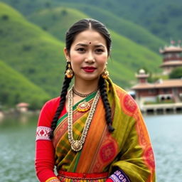 A stunning portrait of a Manipuri woman dressed in traditional attire, showcasing the intricately woven mekhela chador, adorned with traditional jewelry, and vibrant colors