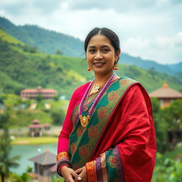 A stunning portrait of a Manipuri woman dressed in traditional attire, showcasing the intricately woven mekhela chador, adorned with traditional jewelry, and vibrant colors