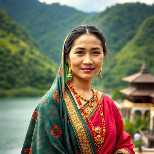 A stunning portrait of a Manipuri woman dressed in traditional attire, showcasing the intricately woven mekhela chador, adorned with traditional jewelry, and vibrant colors