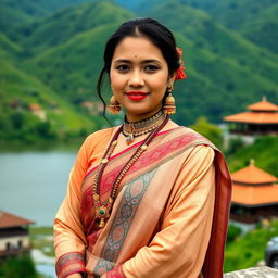 A stunning portrait of a Manipuri woman dressed in traditional attire, showcasing the intricately woven mekhela chador, adorned with traditional jewelry, and vibrant colors