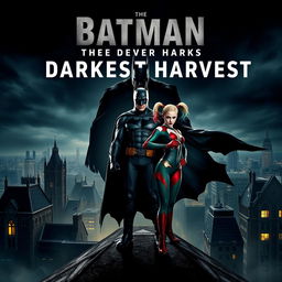 An action-packed movie poster for 'Batman: The Darkest Harvest', set in a dark, atmospheric Gotham City under an ominous sky