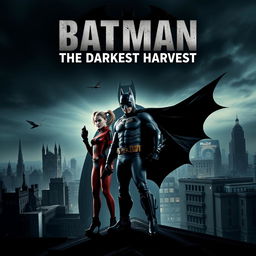 An action-packed movie poster for 'Batman: The Darkest Harvest', set in a dark, atmospheric Gotham City under an ominous sky