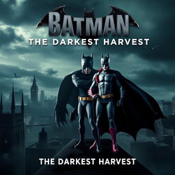 An action-packed movie poster for 'Batman: The Darkest Harvest', set in a dark, atmospheric Gotham City under an ominous sky