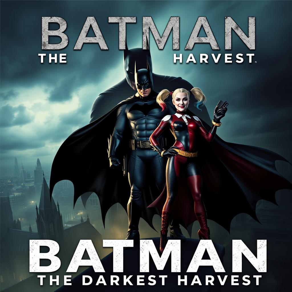 An action-packed movie poster for 'Batman: The Darkest Harvest', set in a dark, atmospheric Gotham City under an ominous sky