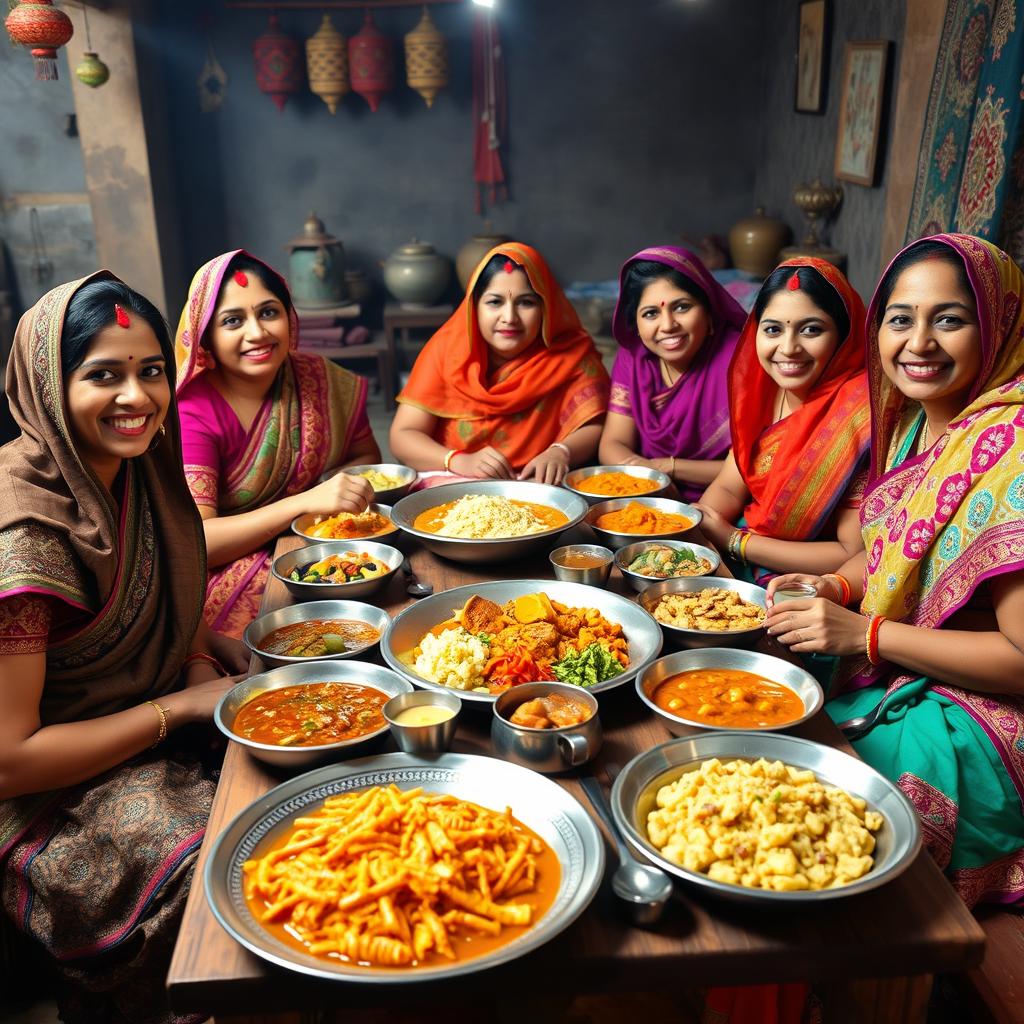 A vibrant scene featuring Manipuri women dining together in a traditional setting