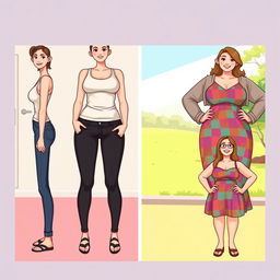 A series of four panels illustrating the weight gain progression of a woman transitioning from skinny to chubby