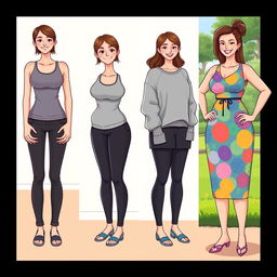 A series of four panels illustrating the weight gain progression of a woman transitioning from skinny to chubby