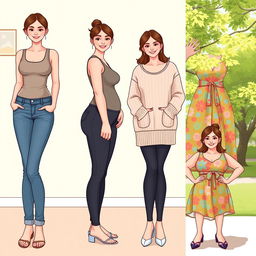 A series of four panels illustrating the weight gain progression of a woman transitioning from skinny to chubby