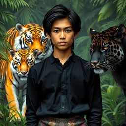 A handsome young man from Indonesia with a sharp, elongated nose and shoulder-length black hair