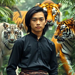 A handsome young man from Indonesia with a sharp, elongated nose and shoulder-length black hair