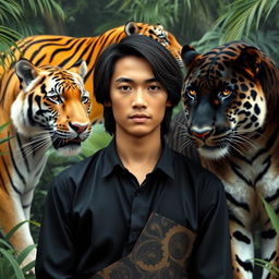 A handsome young man from Indonesia with a sharp, elongated nose and shoulder-length black hair