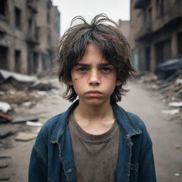 An 11-year-old boy with thick, messy dark hair appears distressed in a war-torn cityscape background. The boy's torn clothes, closed eyes with tears on the lashes, detailed chapped lips and tear-streaked dirty face echo a story of hardship. The photo is reminiscent of James Nachtwey's style, taken in low light, with a focus on his symmetric face and shot during the evening.