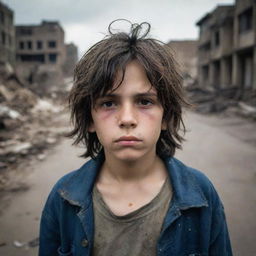 An 11-year-old boy with thick, messy dark hair appears distressed in a war-torn cityscape background. The boy's torn clothes, closed eyes with tears on the lashes, detailed chapped lips and tear-streaked dirty face echo a story of hardship. The photo is reminiscent of James Nachtwey's style, taken in low light, with a focus on his symmetric face and shot during the evening.