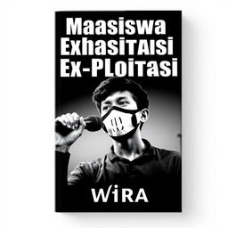 An engaging book cover design for 'Mahasiswa Ex-Ploitasi' by Wira, featuring a striking black and white background that emphasizes the theme of activism