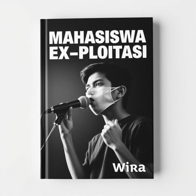 An engaging book cover design for 'Mahasiswa Ex-Ploitasi' by Wira, featuring a striking black and white background that emphasizes the theme of activism