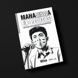 An engaging book cover design for 'Mahasiswa Ex-Ploitasi' by Wira, featuring a striking black and white background that emphasizes the theme of activism