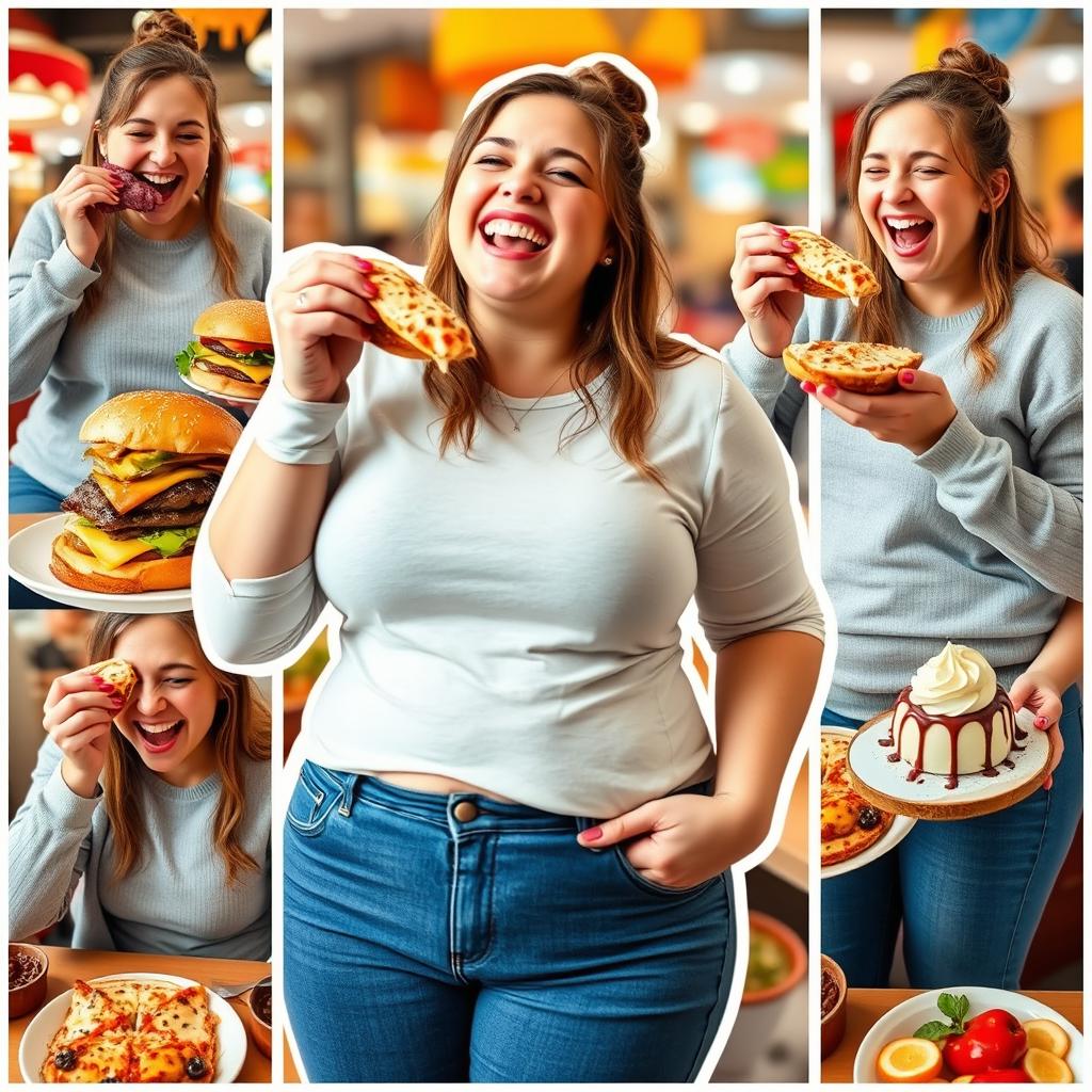 A vibrant and playful collage depicting a young woman joyfully stuffing her face with various delicious foods