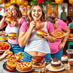 A vibrant and playful collage depicting a young woman joyfully stuffing her face with various delicious foods