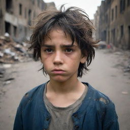 An 11-year-old boy with thick, messy dark hair appears distressed in a war-torn cityscape background. The boy's torn clothes, closed eyes with tears on the lashes, detailed chapped lips and tear-streaked dirty face echo a story of hardship. The photo is reminiscent of James Nachtwey's style, taken in low light, with a focus on his symmetric face and shot during the evening.