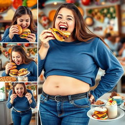 A vibrant and playful collage depicting a young woman joyfully stuffing her face with various delicious foods