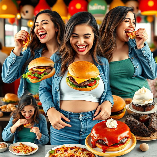 A vibrant and playful collage depicting a young woman joyfully stuffing her face with various delicious foods