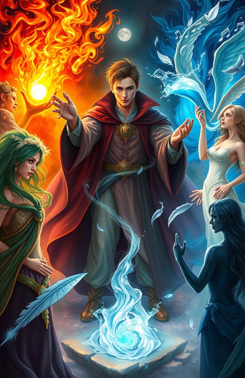 A young and handsome sorcerer surrounded by beautiful women representing the elements: fire, water, earth, air, sound, darkness, and light