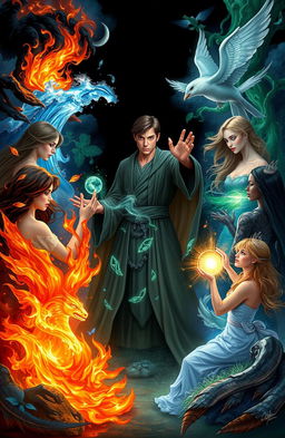 A young and handsome sorcerer surrounded by beautiful women representing the elements: fire, water, earth, air, sound, darkness, and light