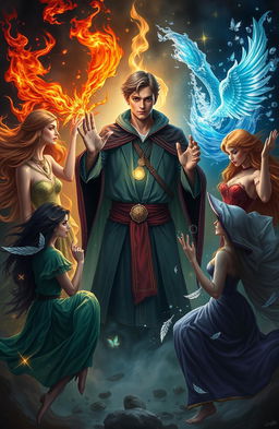 A young and handsome sorcerer surrounded by beautiful women representing the elements: fire, water, earth, air, sound, darkness, and light