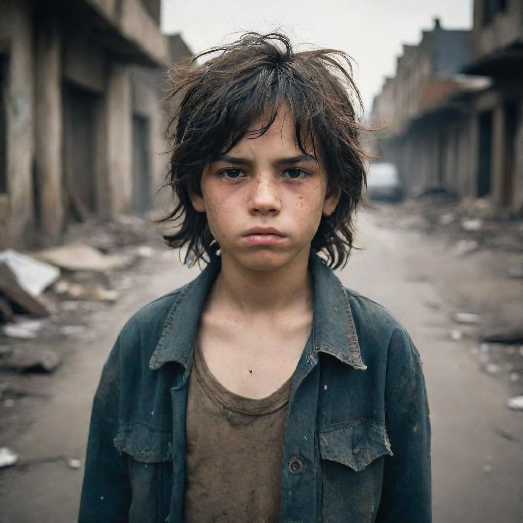 An 11-year-old boy with thick, messy dark hair appears distressed in a war-torn cityscape background. The boy's torn clothes, closed eyes with tears on the lashes, detailed chapped lips and tear-streaked dirty face echo a story of hardship. The photo is reminiscent of James Nachtwey's style, taken in low light, with a focus on his symmetric face and shot during the evening.