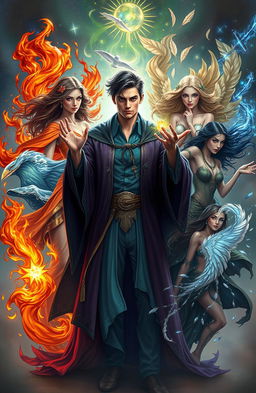 A young and handsome sorcerer surrounded by beautiful women representing the elements: fire, water, earth, air, sound, darkness, and light