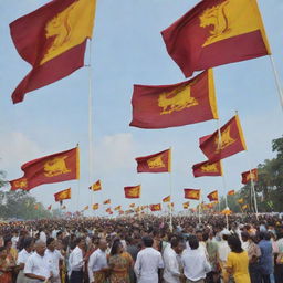 A vibrant scene illustrating Sri Lanka's 76th Independence Day celebration, prominently featuring the Sri Lankan flag fluttering proudly in the breeze.