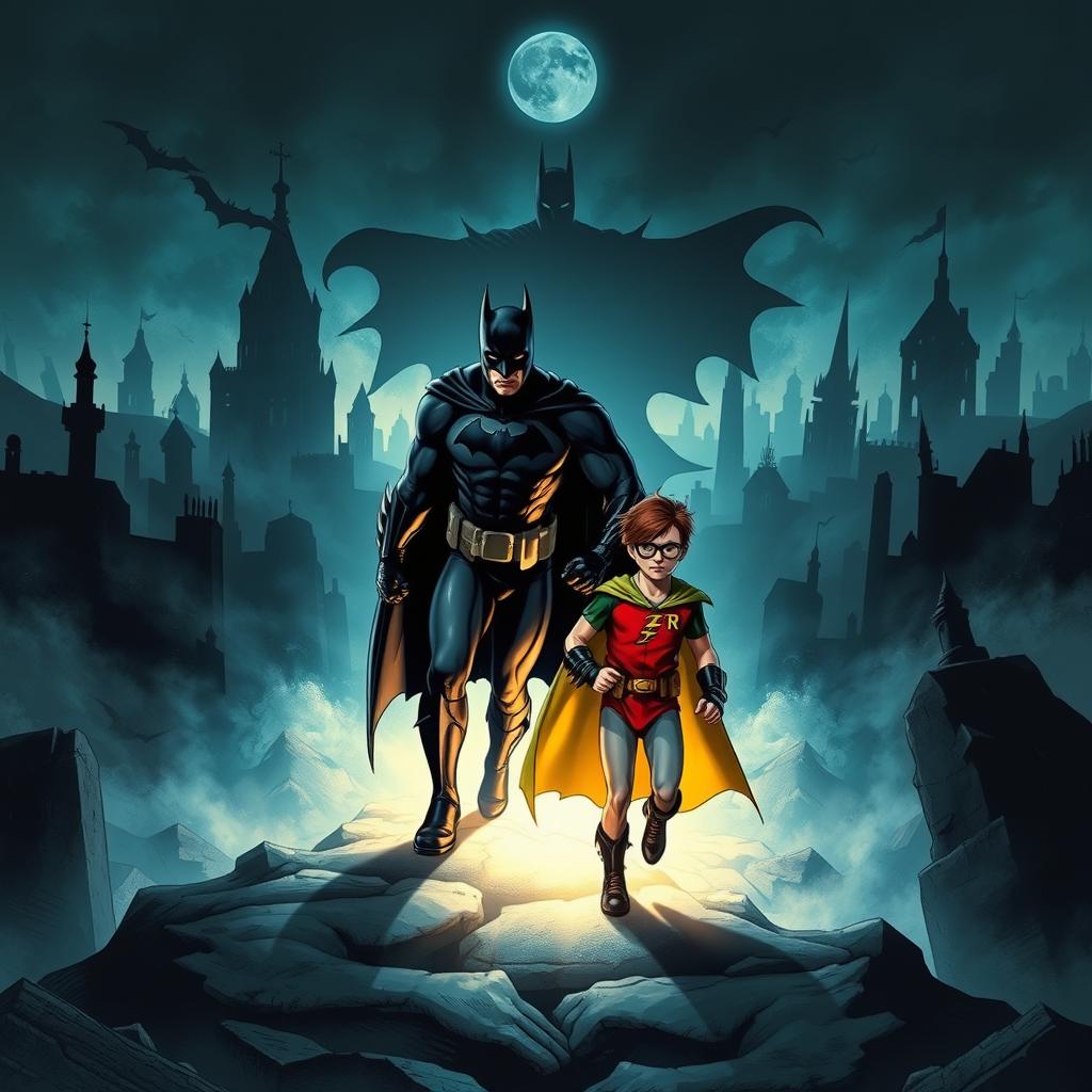 A dramatic and intense scene featuring Batman and Robin navigating a surreal dreamscape filled with nightmarish elements