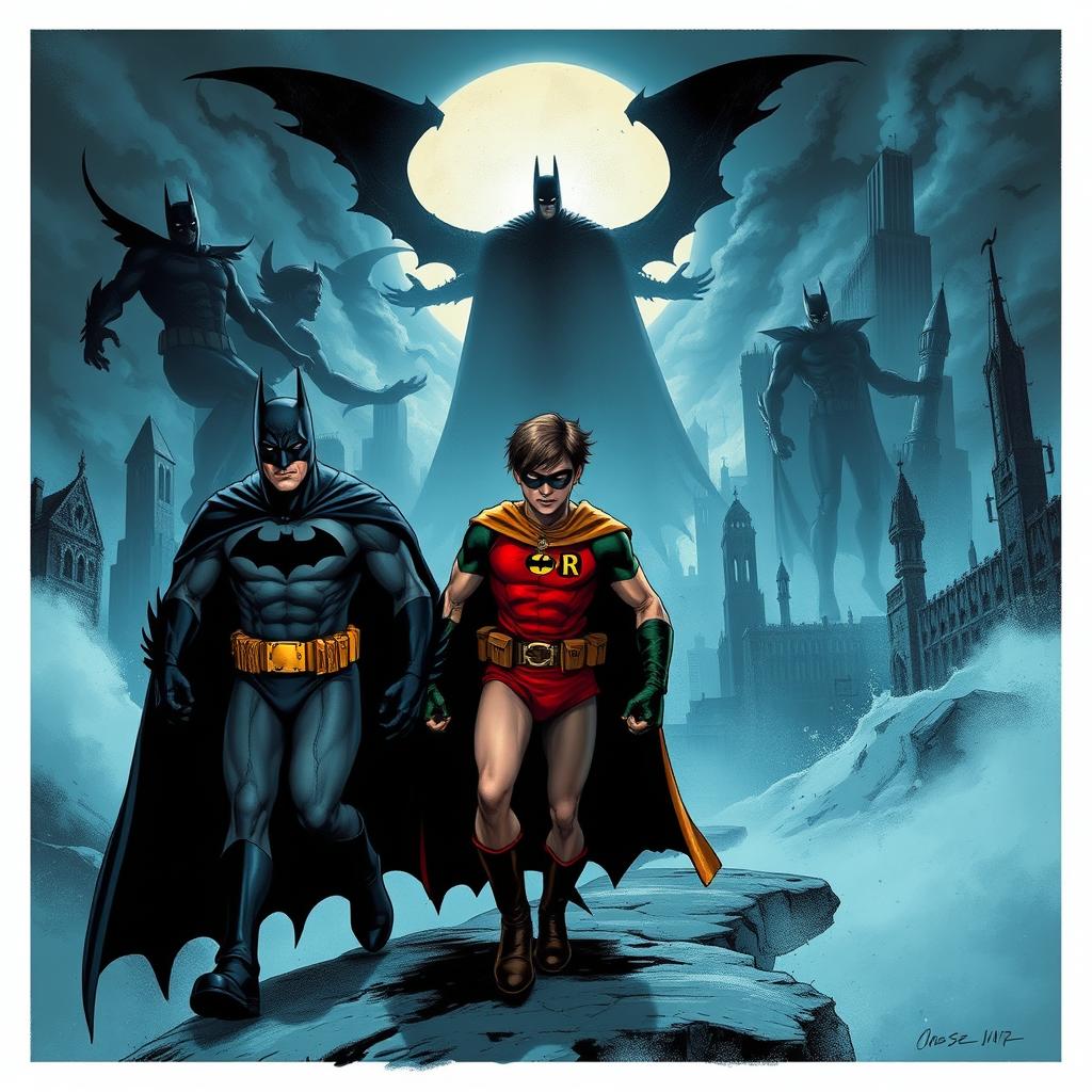 A dramatic and intense scene featuring Batman and Robin navigating a surreal dreamscape filled with nightmarish elements