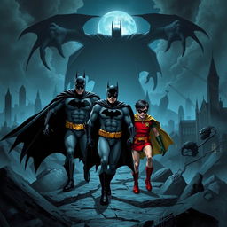 A dramatic and intense scene featuring Batman and Robin navigating a surreal dreamscape filled with nightmarish elements