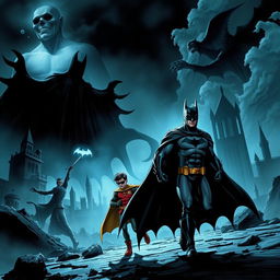 A dramatic and intense scene featuring Batman and Robin navigating a surreal dreamscape filled with nightmarish elements