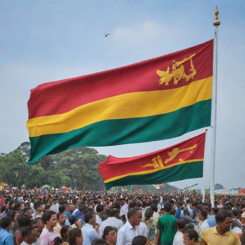 A vibrant scene illustrating Sri Lanka's 76th Independence Day celebration, prominently featuring the Sri Lankan flag fluttering proudly in the breeze.