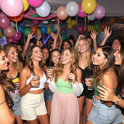 A lively party scene featuring a diverse group of young women enjoying themselves