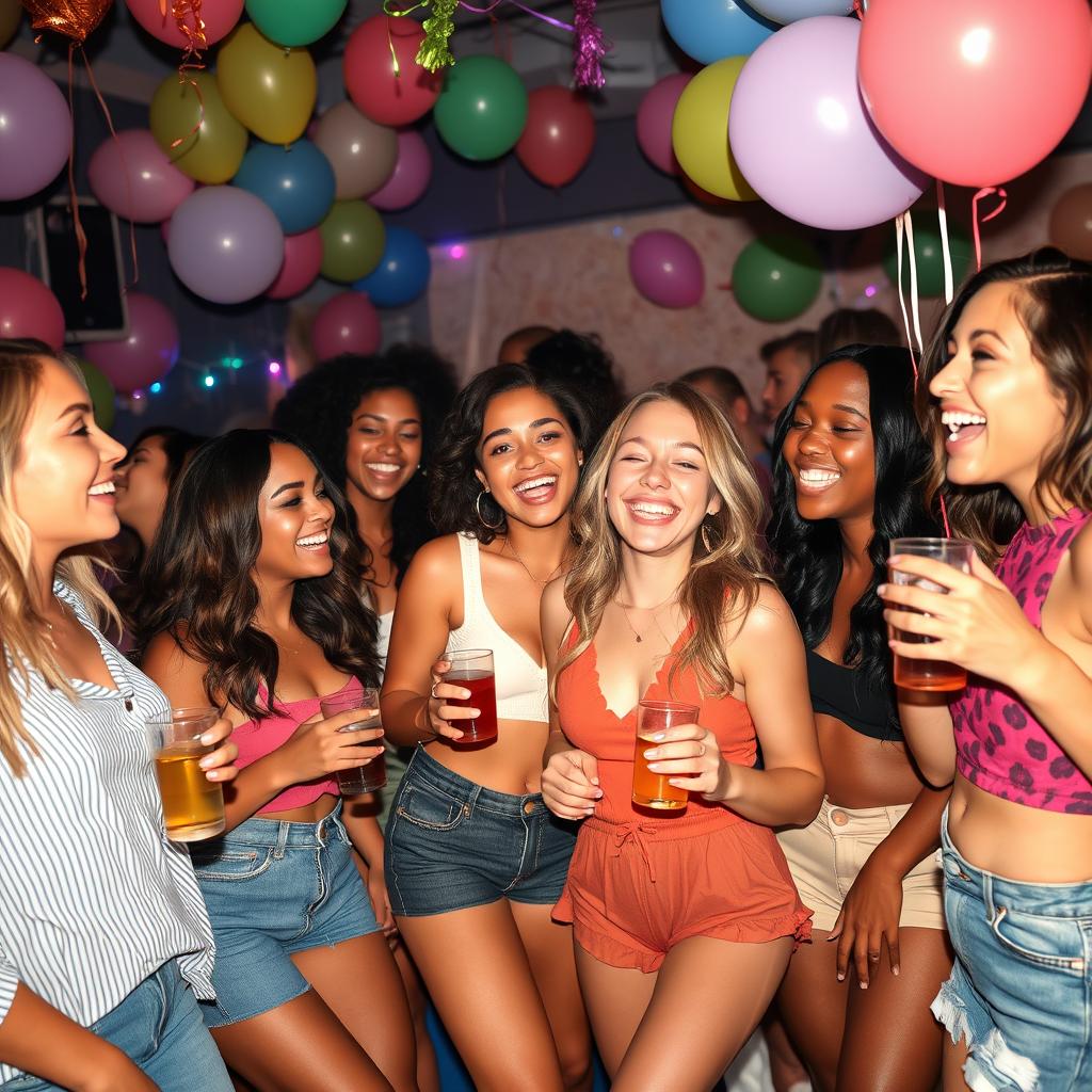 A lively party scene featuring a diverse group of young women enjoying themselves